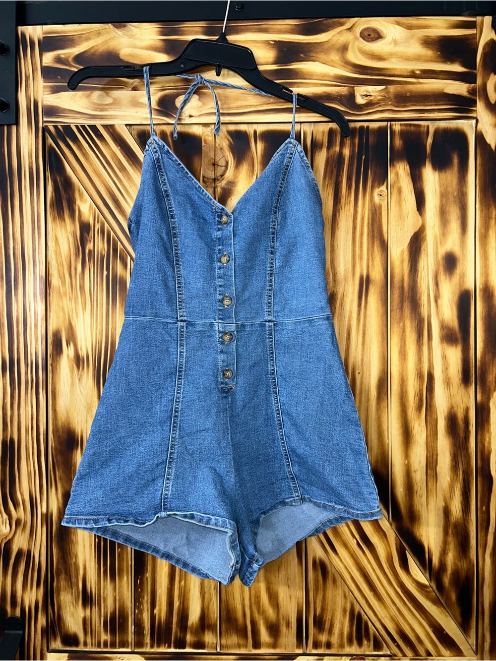 Divided Blue Denim Button-Front One-Piece Romper